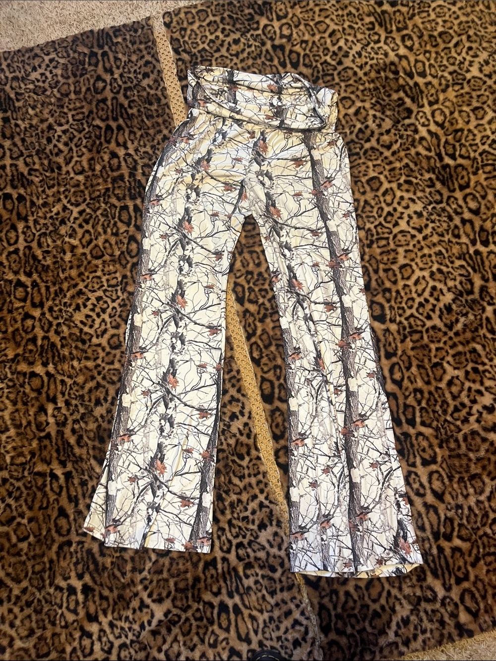 High-Rise Cream Wide-Leg Printed Pants with Brown & Black Accents